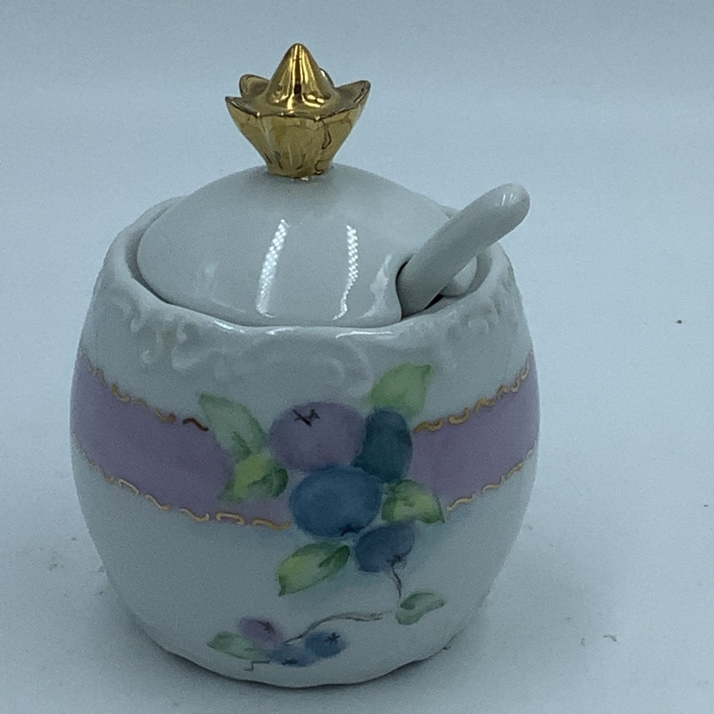 Vintage Hand Painted Berries Covered Jam  Jar with Spoon